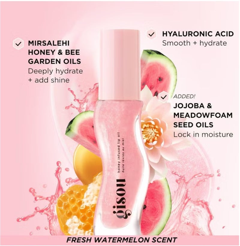 Gisou Honey Infused Hydrating Lip Oil, Nourishing Lip Moisturizer for Dry Lips, High Shine, Smooth Finish, Clear Pink Shimmer Shade, Fresh Watermelon Scent, Watermelon Sugar, 8ml - Image 2